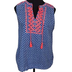 ⭐️J. Crew Blue and Pink Embroidered Top With Tassels Size 6